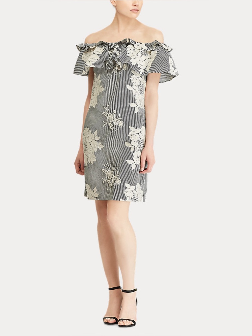 Ralph Lauren Cotton Off-the-Shoulder Dress Striped Floral Ruffle Black White 4